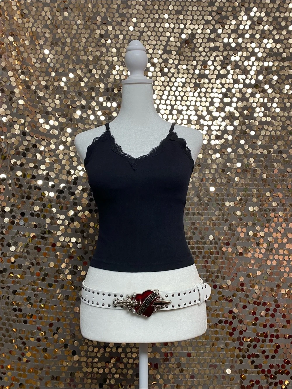 White studded belt with red and silver heart buckle #475